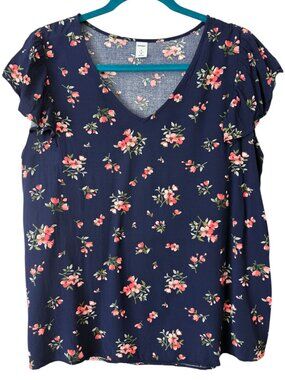 Old Navy Women's Navy Floral Short Sleeve V-Neck Top Size Large